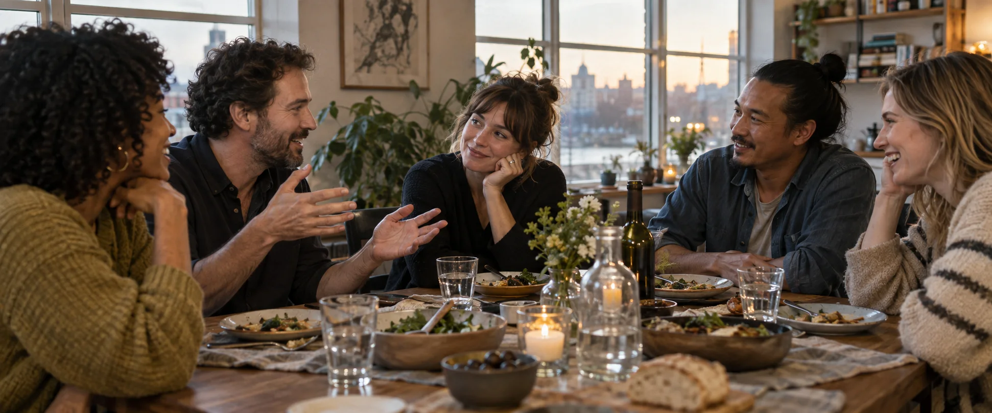 AI-generated editorial illustration of five adult friends talking around a dinner table; not research participants.